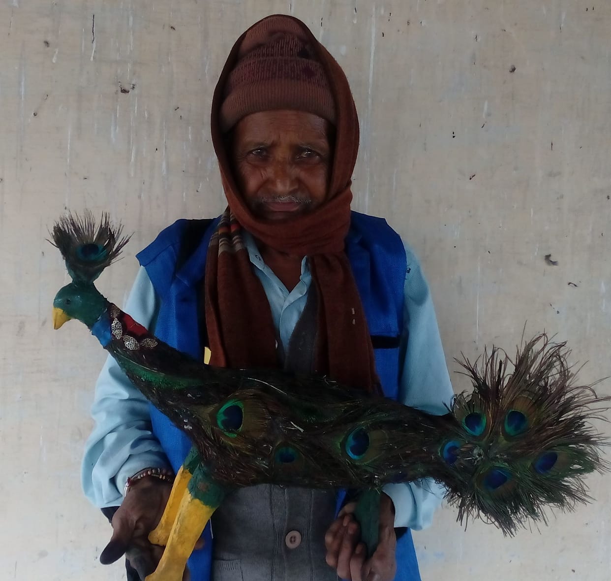 Rural artist Tikaram carved peacock in wood