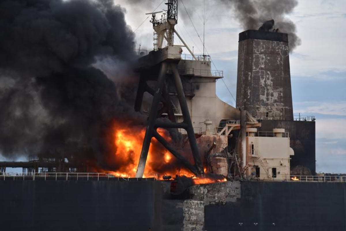 Indian Coast Guard ships shaurya successfully douse fire in oil tanker MT New Diamond of srilanka