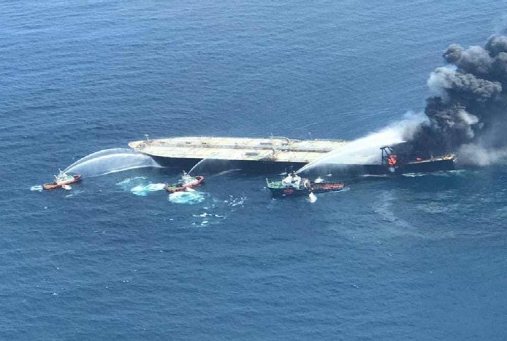 oil tanker was taken into the water at a safe distance off the coast of sri lanka after fire