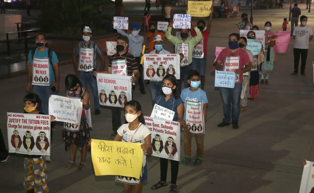 Parents and children protest at Sector-17 Plaza against private schools