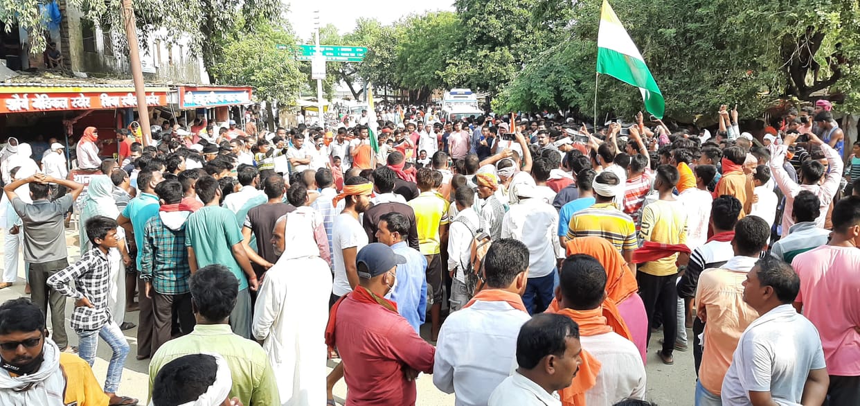 Villagers sitting on dharna in support of the demand for martyr status to the jawan