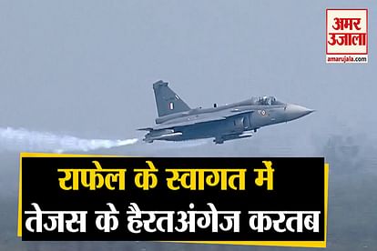 Indigenous light combat aircraft Tejas performs during Rafale induction ceremony, at Ambala airbase