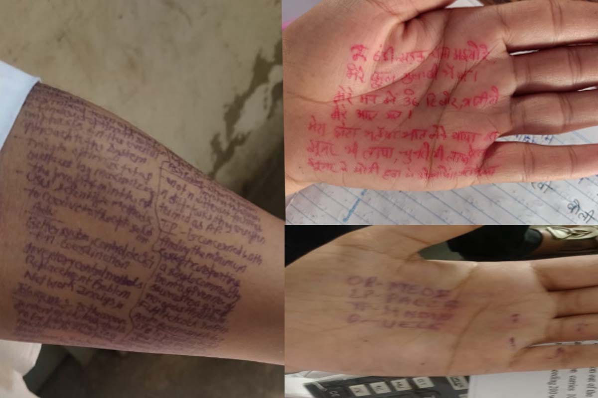 girls students caught doing Cheating in Exam by writing answers on hands feet and uniform