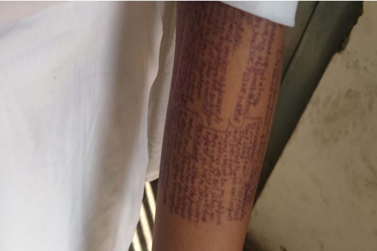 girls students caught doing Cheating in Exam by writing answers on hands feet and uniform