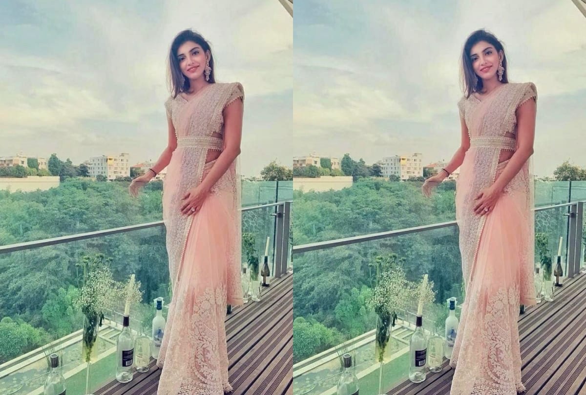 miheeka bajaj glimpse in manish malhotra pink saree match with embroidered belt