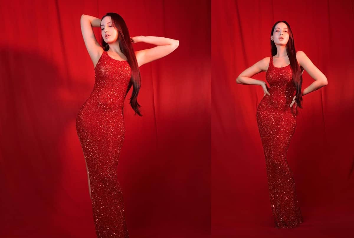 nora fatehi look gorgeous in red shimmer bodycon dress and spot in traditional in pink kurta