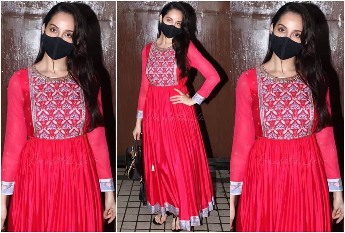 nora fatehi look gorgeous in red shimmer bodycon dress and spot in traditional in pink kurta