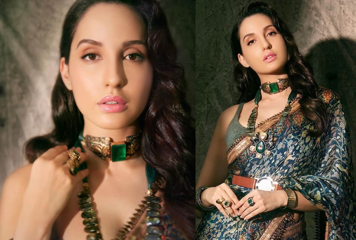 nora fatehi look sizzling in blue silver printed saree