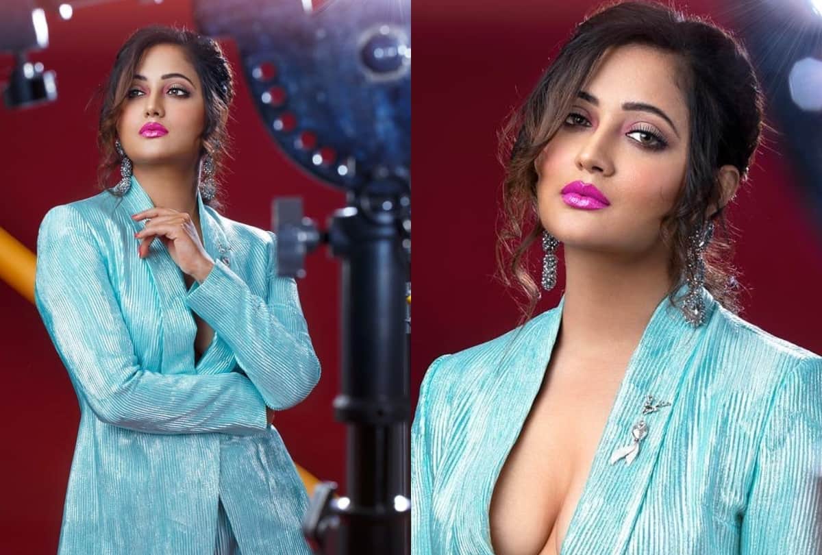 rashmi desai share bold pic in shimmery blue pant suit without shirt