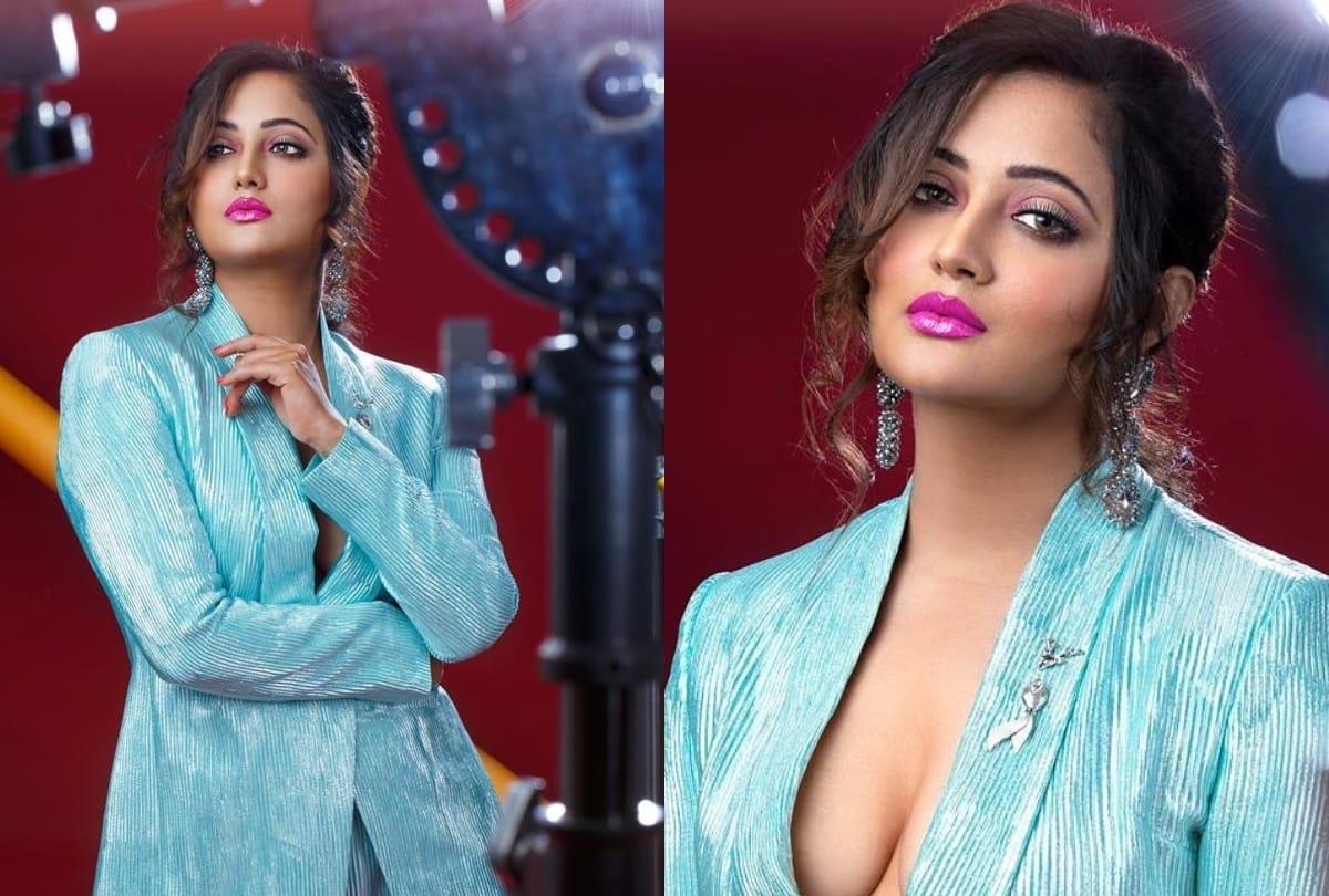 rashmi desai share bold pic in shimmery blue pant suit without shirt