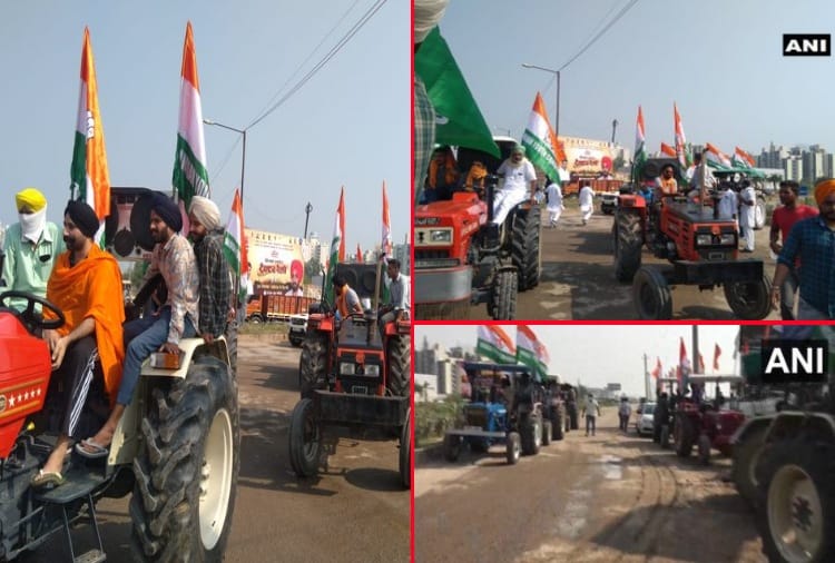 Workers of Punjab Youth Congress and farmers arrive at Delhi-Chandigarh national highway in Zirakpur to take part in tractor rally