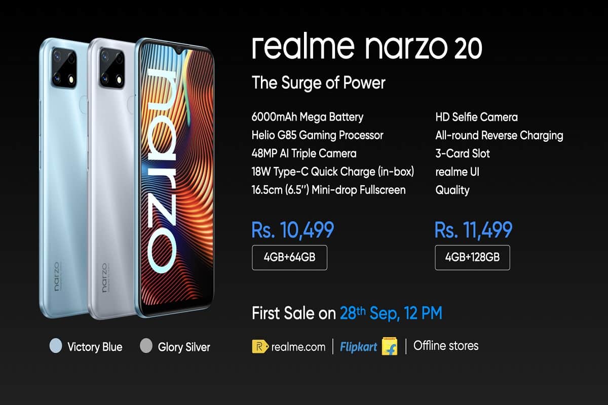 Realme Narzo 20 first Sale in India Today via Flipkart Realme.com at 12 Noon Price in India Specifications
