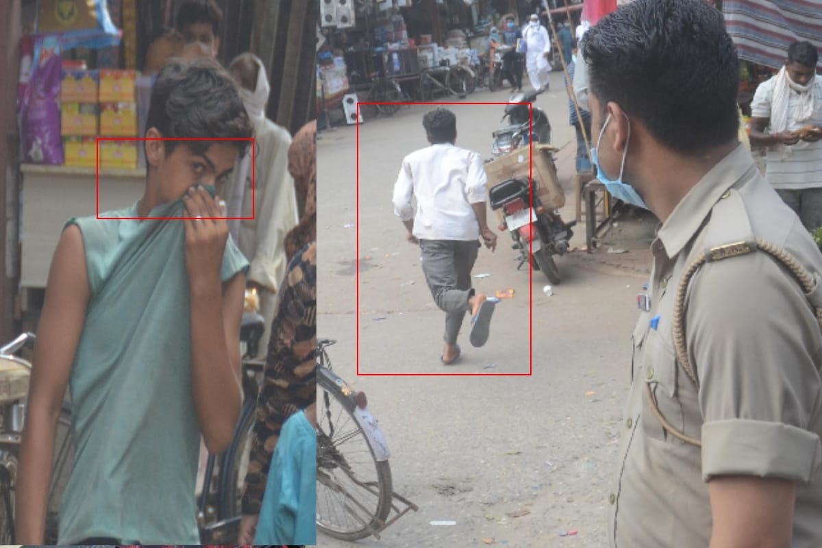 Police makes challan of people walking without masks in market in Baghpat