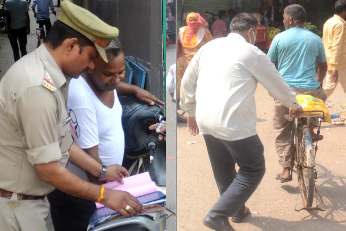 Police makes challan of people walking without masks in market in Baghpat