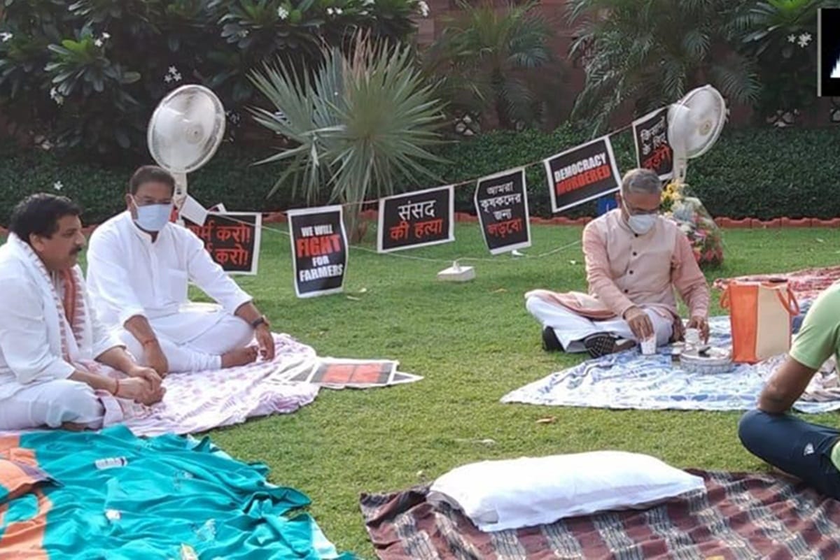 rajyasabha deputy chairman harivansh meet eight suspended MPs who are protesting at parliament over farm bills