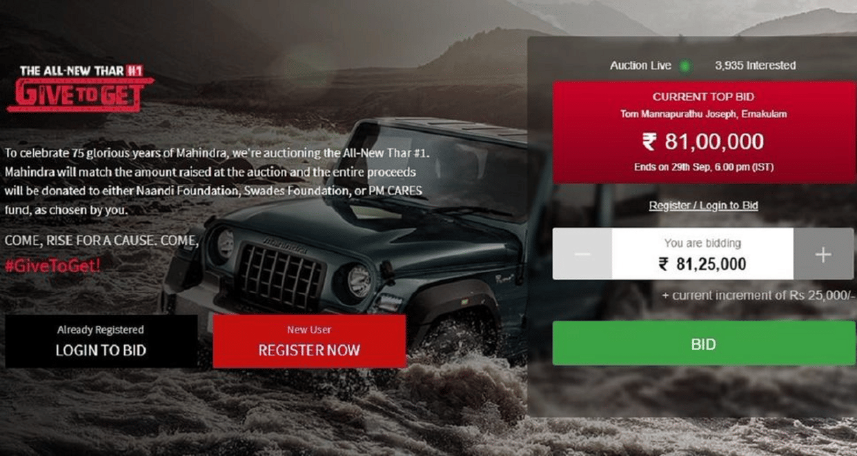 The auction started to buy the first car of Mahindra Thar, the highest bid till date of Rs 81 lakh