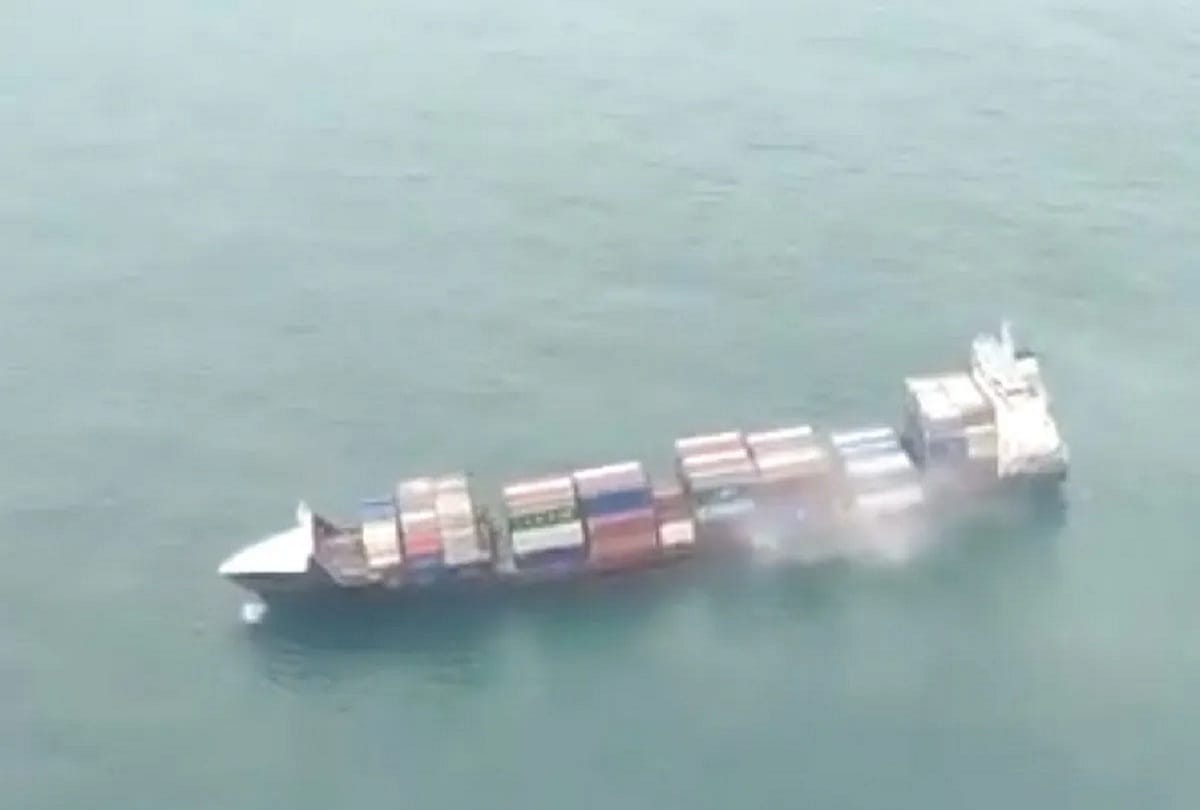 A container is smouldering on a vessel Xpress Godavari at the West Bengal coast, Coast Guard left for Kolkata