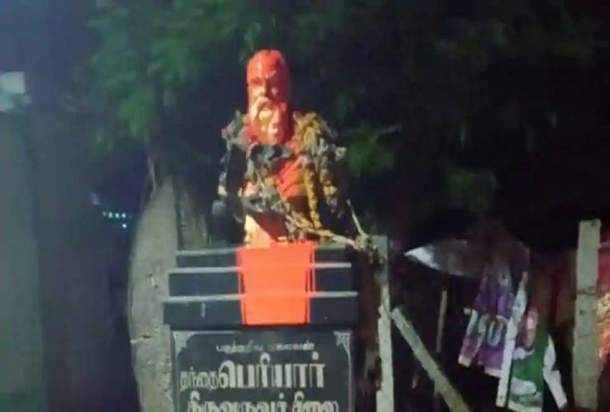 the Statue of Periyar painted with Saffron in tamilnadu