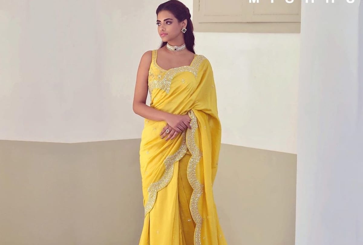 tamannaah bhatia photos saree look yellow saree for virtual inauguration