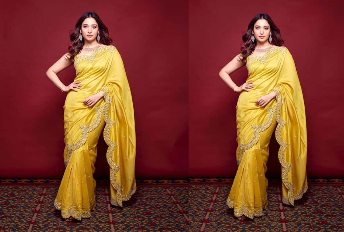 tamannaah bhatia photos saree look yellow saree for virtual inauguration