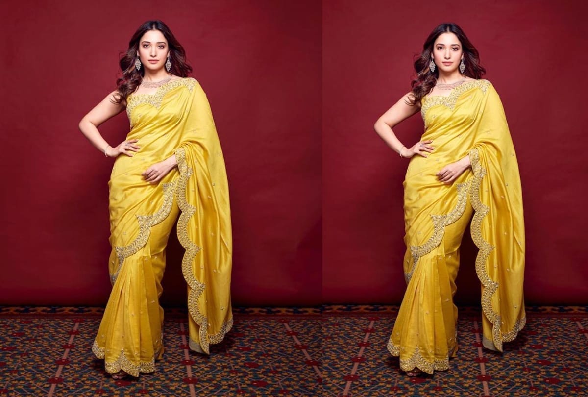 tamannaah bhatia photos saree look yellow saree for virtual inauguration