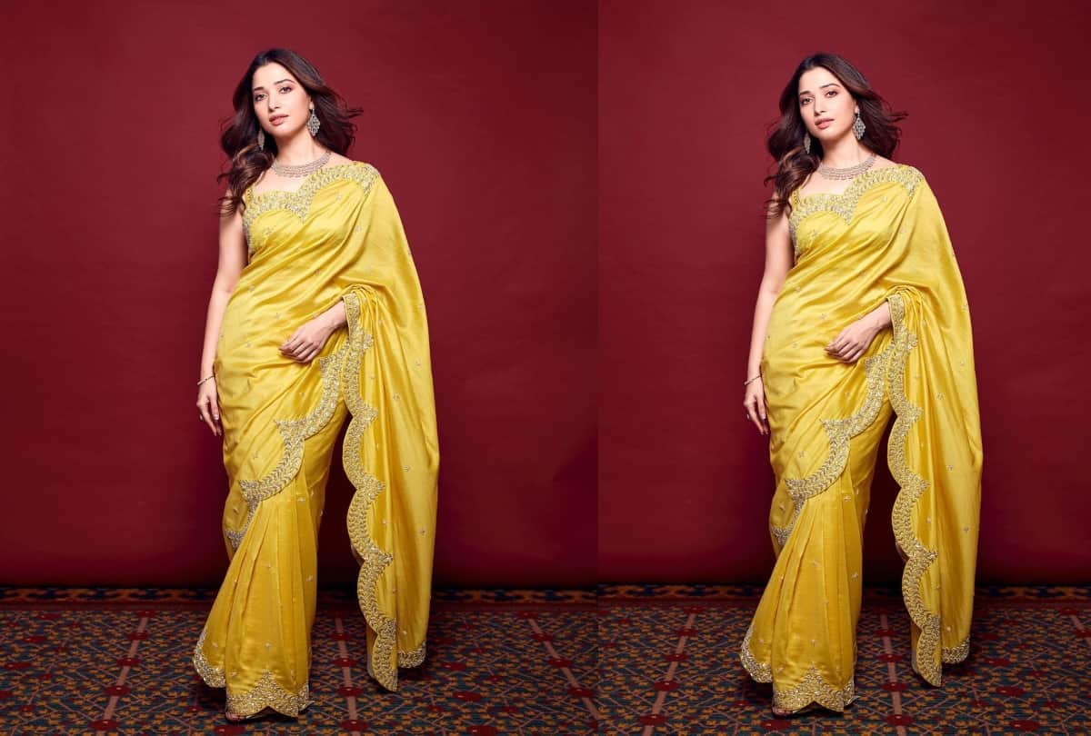 tamannaah bhatia photos saree look yellow saree for virtual inauguration