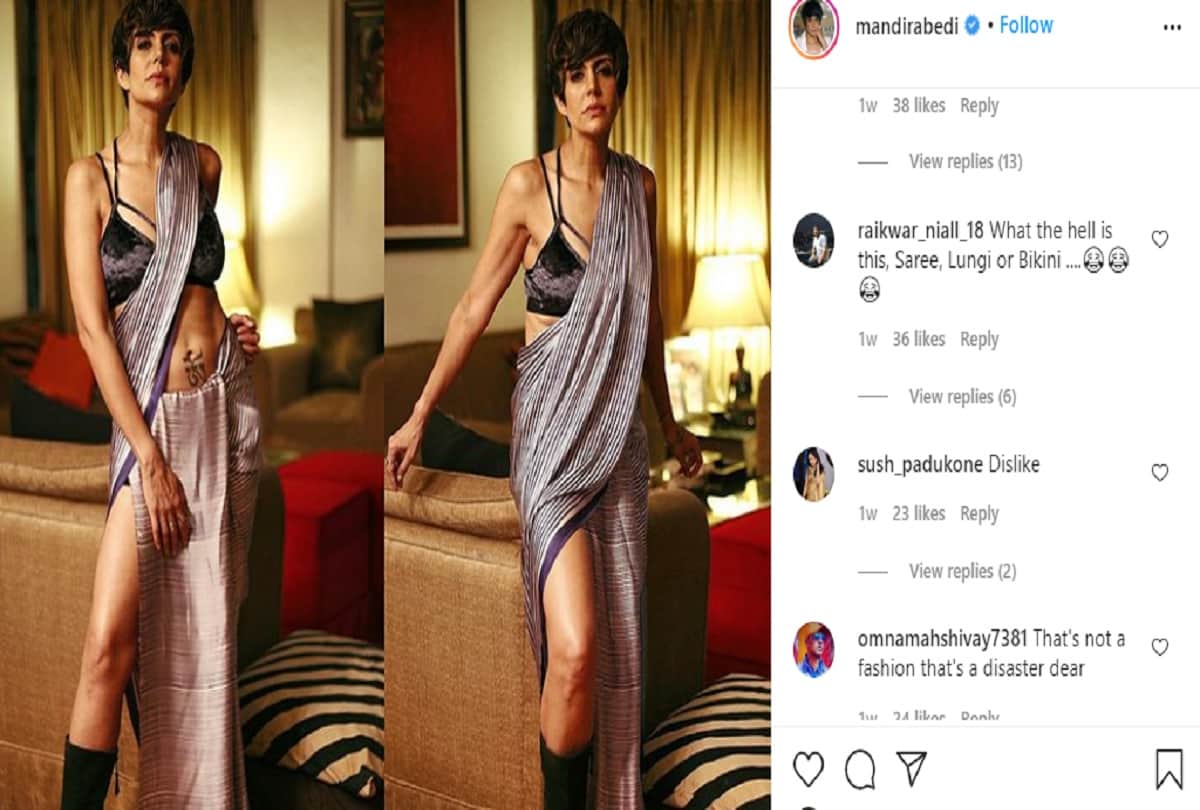 mandira bedi got trolled for wearing saree with shorts and bikini