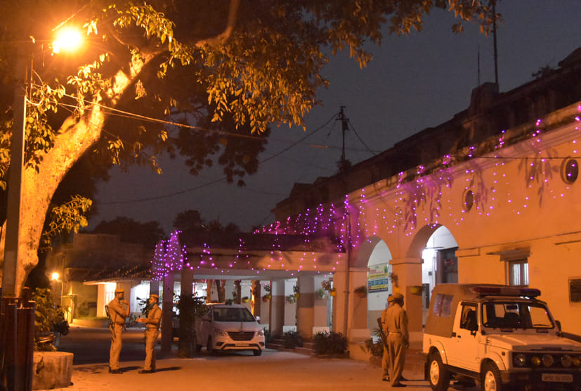 Gandhi Park and Clock tower illuminated with colorful lights