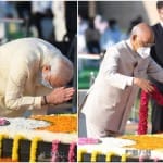 महात्मा गंधी को श्रद्धांजलि देते प्रधानमंत्री मोदी और राष्ट्रपति कोविंद