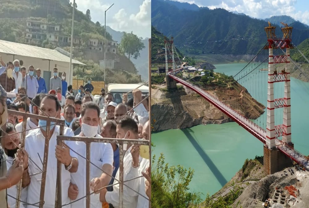 Congress Workers protest in tehri, Broke Dobra chanthi bridge Gate and run vehicle on it, photos