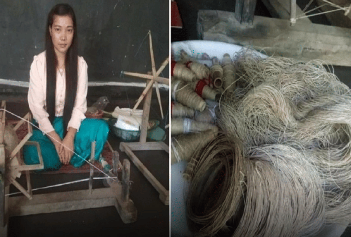 manipur village girl make mask and clothes from lotus stalk