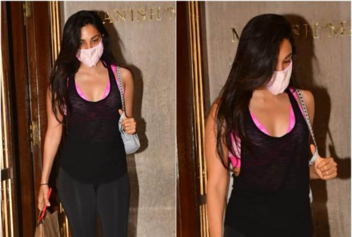 kiara advani spotted in all black outfit add glam with neon pink sports bra