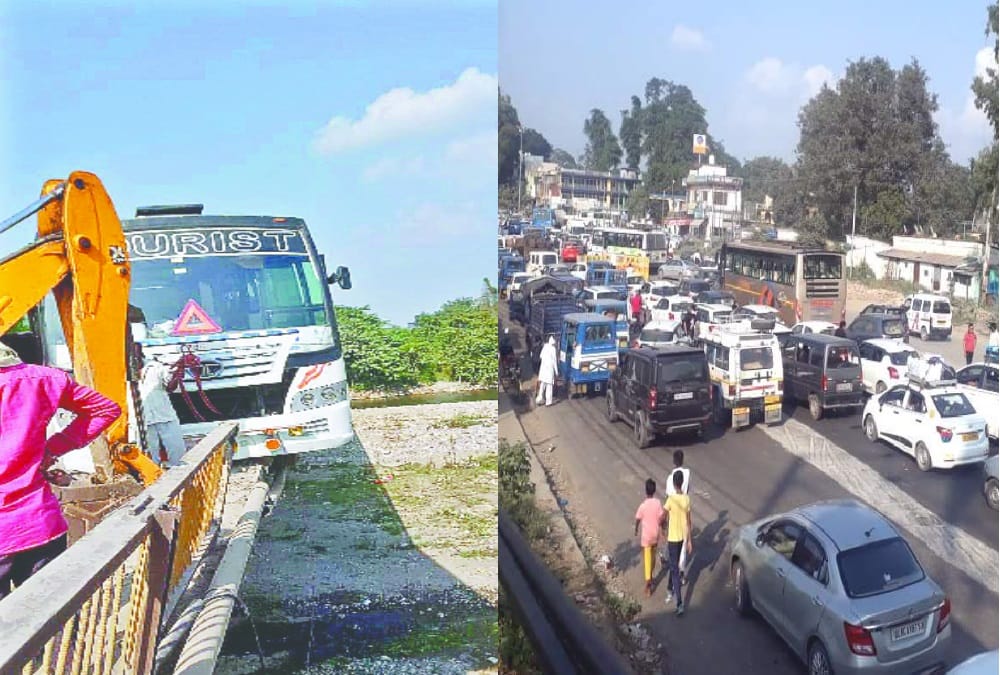 Dehradun: Bus hanging on bridge to save bike rider