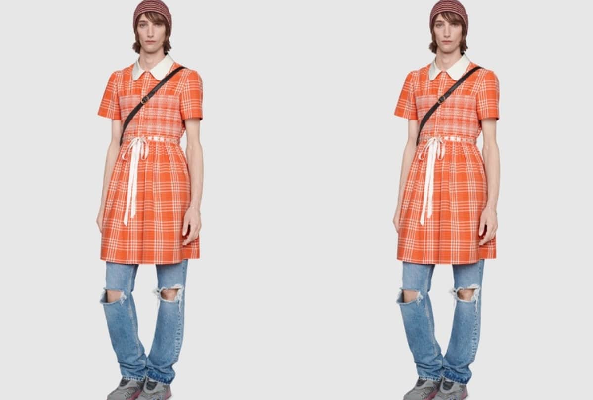 gucci brand launch orange checkered dress for men attached with ribbon bow in waist