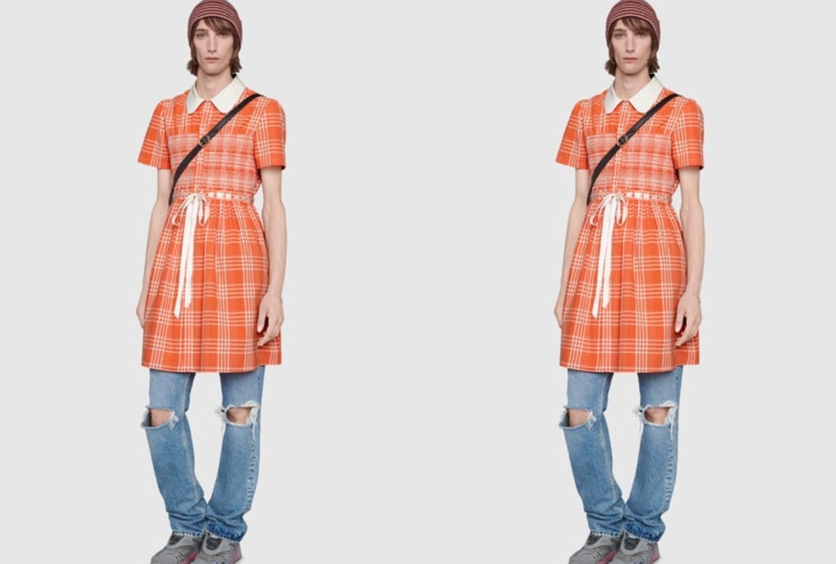 gucci brand launch orange checkered dress for men attached with ribbon bow in waist