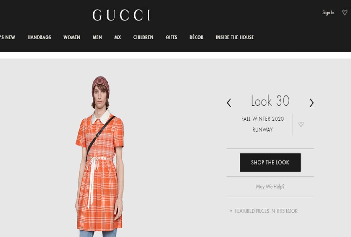 gucci brand launch orange checkered dress for men attached with ribbon bow in waist