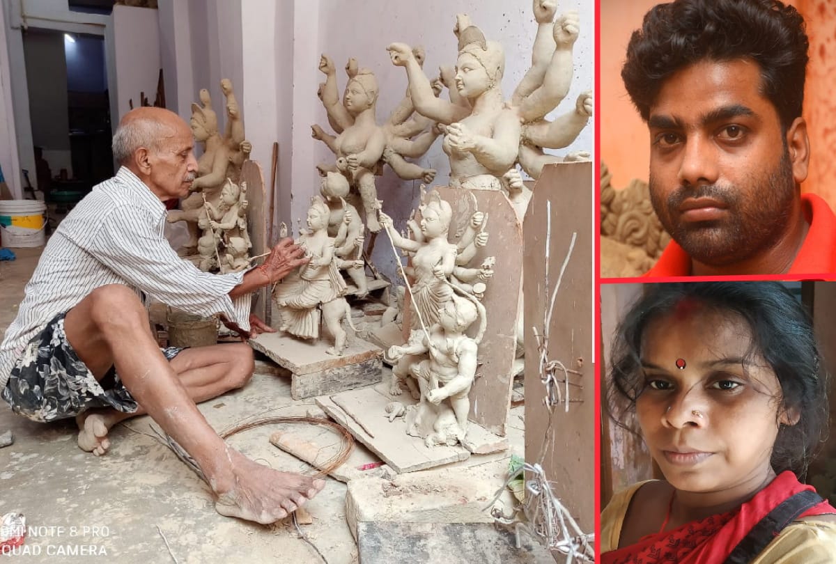 Corona impact on durga puja employment in front of statue Idealist