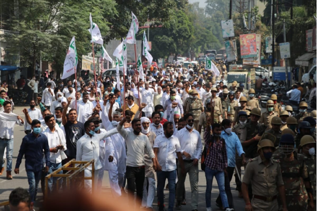 Hathras Kand: RLD leaders protest against UP government in Bijnor after beaten up Jayant chaudhary