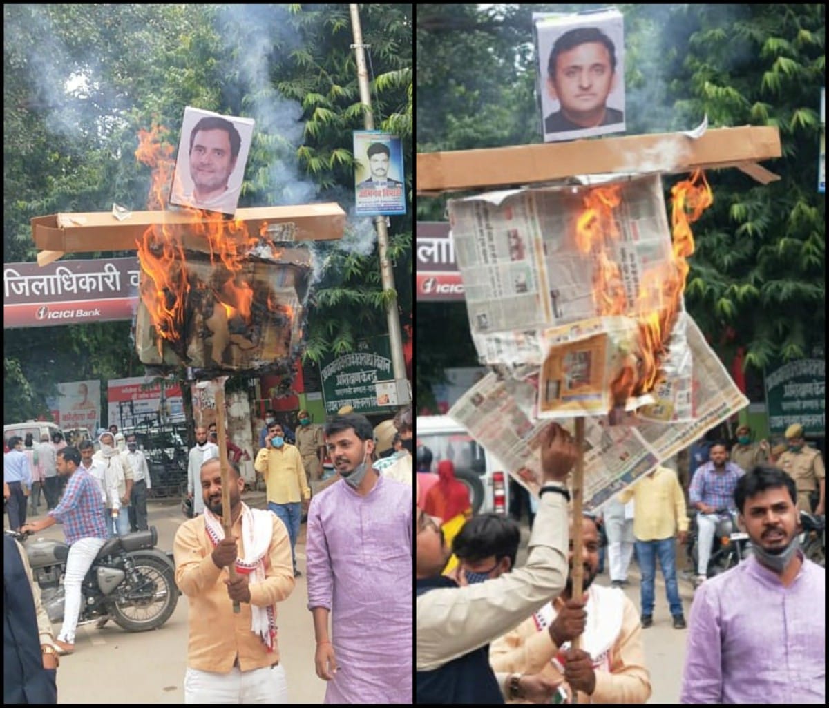 Karni Sena burnt effigy of Rahul Gandhi and Akhilesh Yadav in varanasi