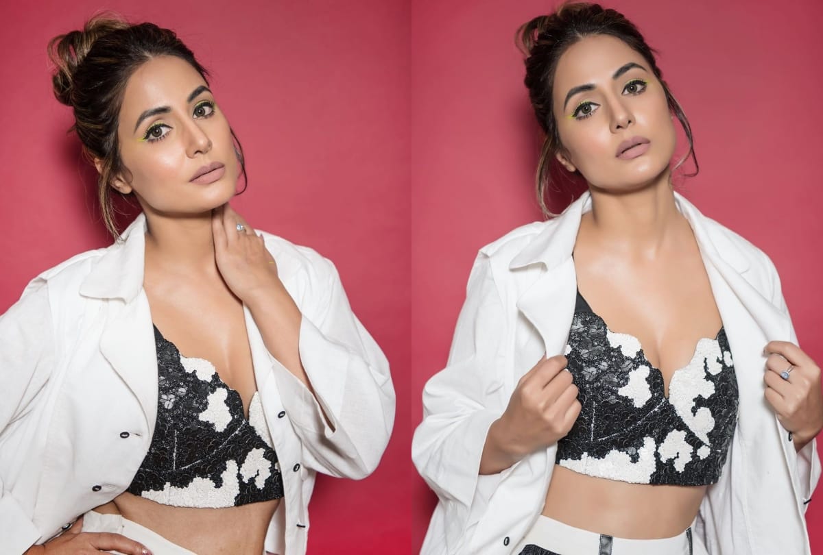 hina khan look gorgeous in bigg boss 14 house wear black gold border saree