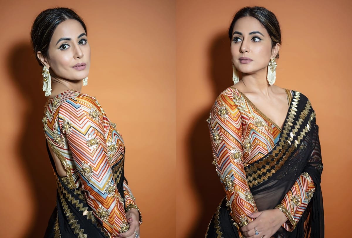 hina khan look gorgeous in bigg boss 14 house wear black gold border saree