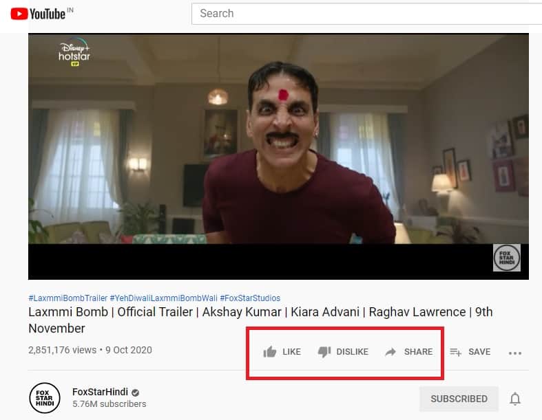 Laxmmi bomb trailer makers has not disclose the likes and dislikes of akshay kumar movie trailer on youtube