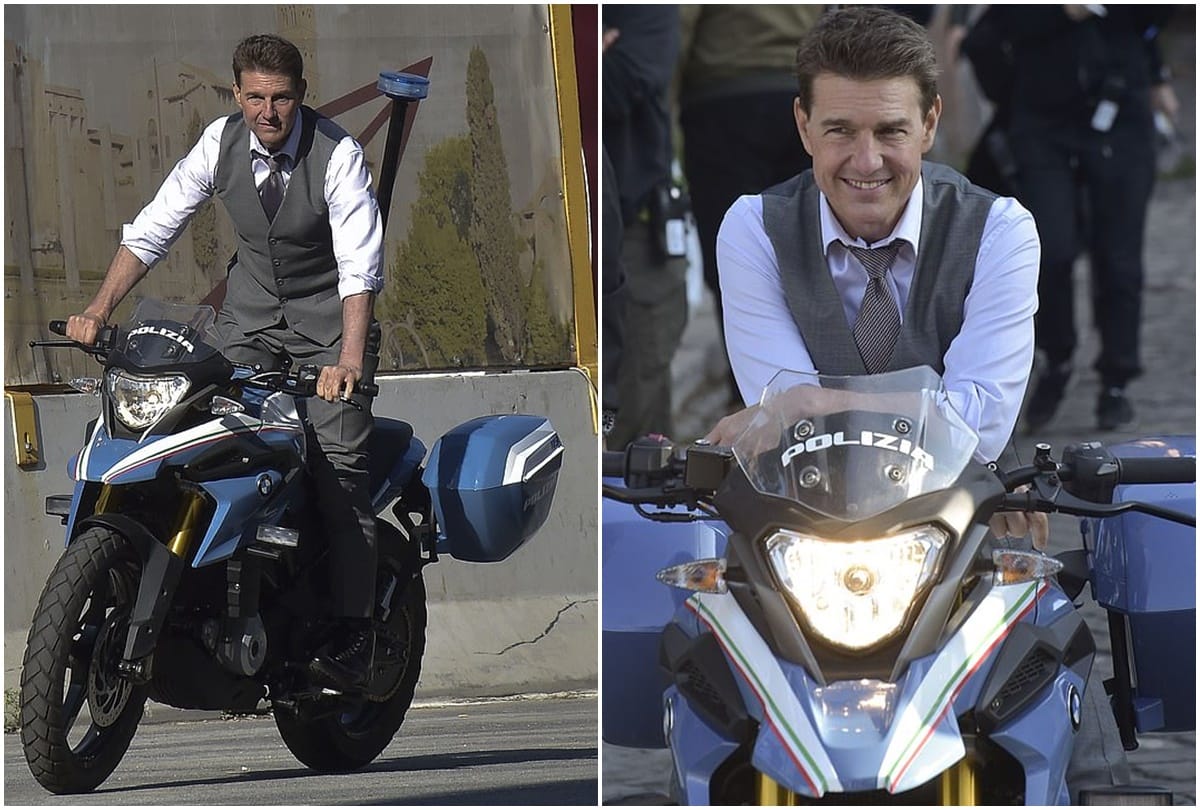 Tom Cruise riding on a bike film Mission Impossible 7