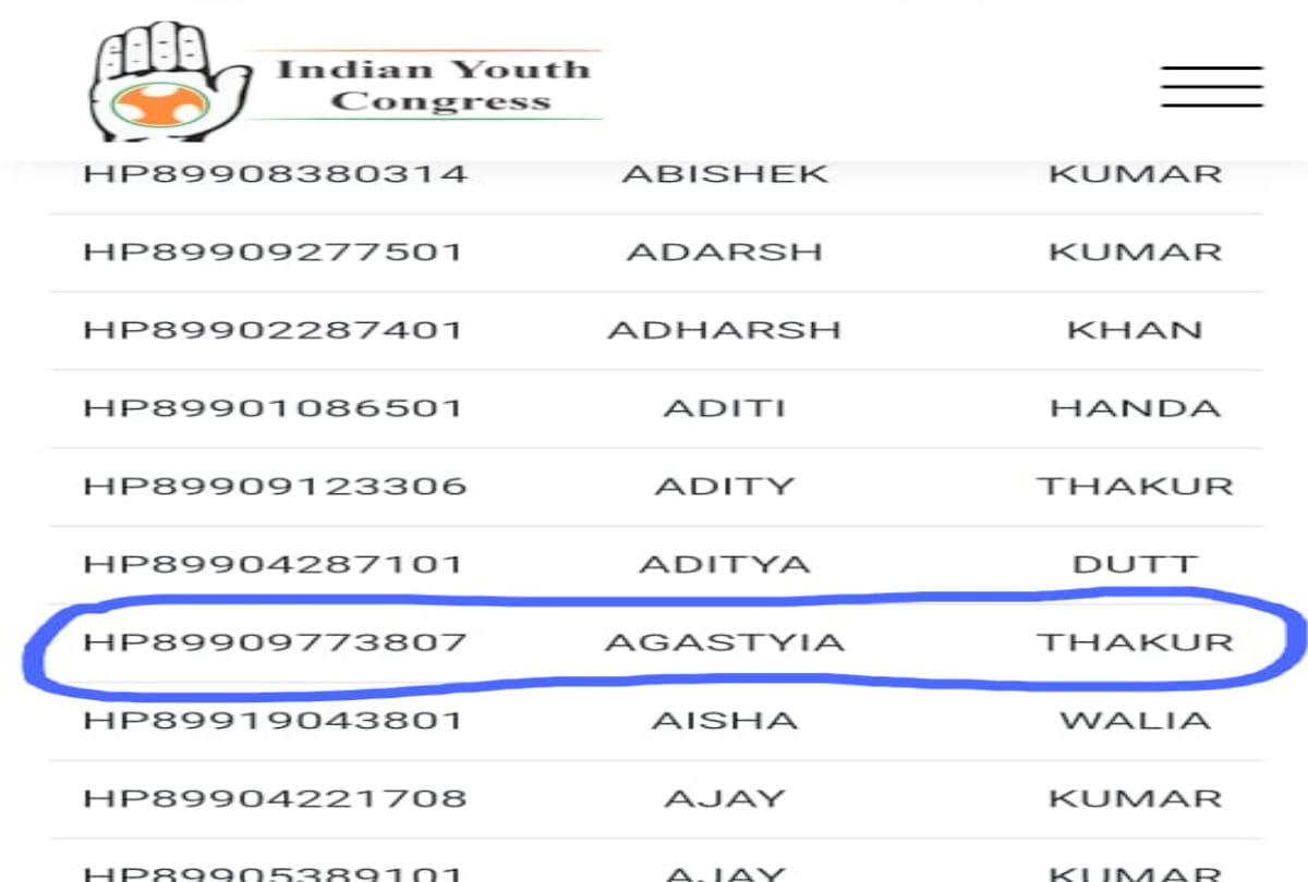 Son of BJP MLA appointed  member of Youth Congress in himachal