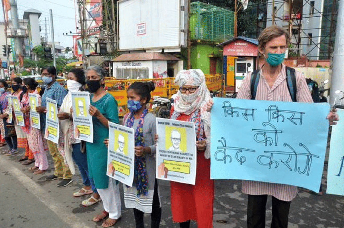 Social activists Protest in Ranchi after NIA arrests Father Stan Swamy in Bhima Koregaon case 2000 people including economist Jean Drez issues a statement