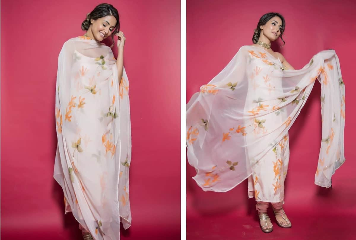 bigg boss 14 hina khan looks ethereal in white floral kurta with churidar pajama