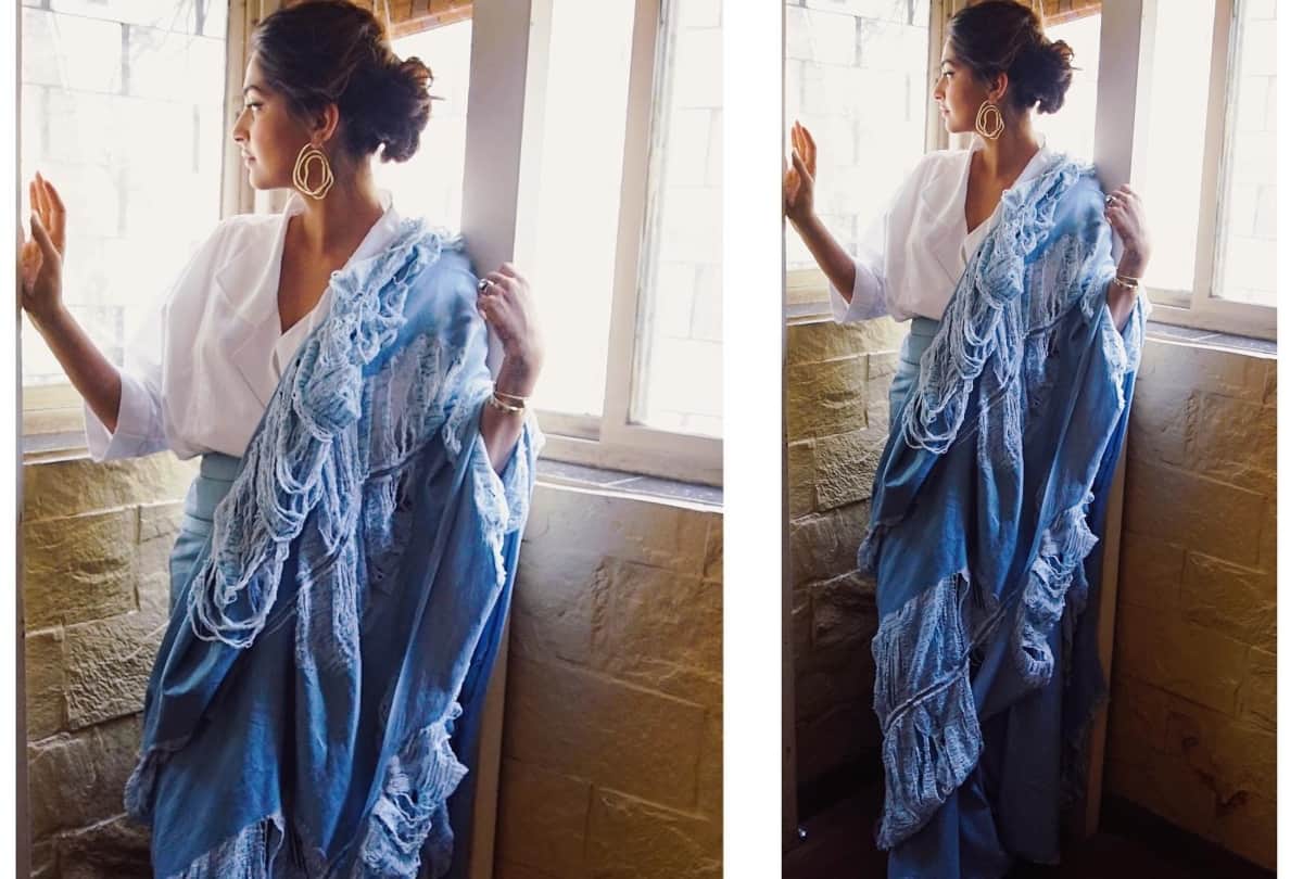 sonam kapoor wear ripped denim saree for film veere di wedding promotion troller gets trolled