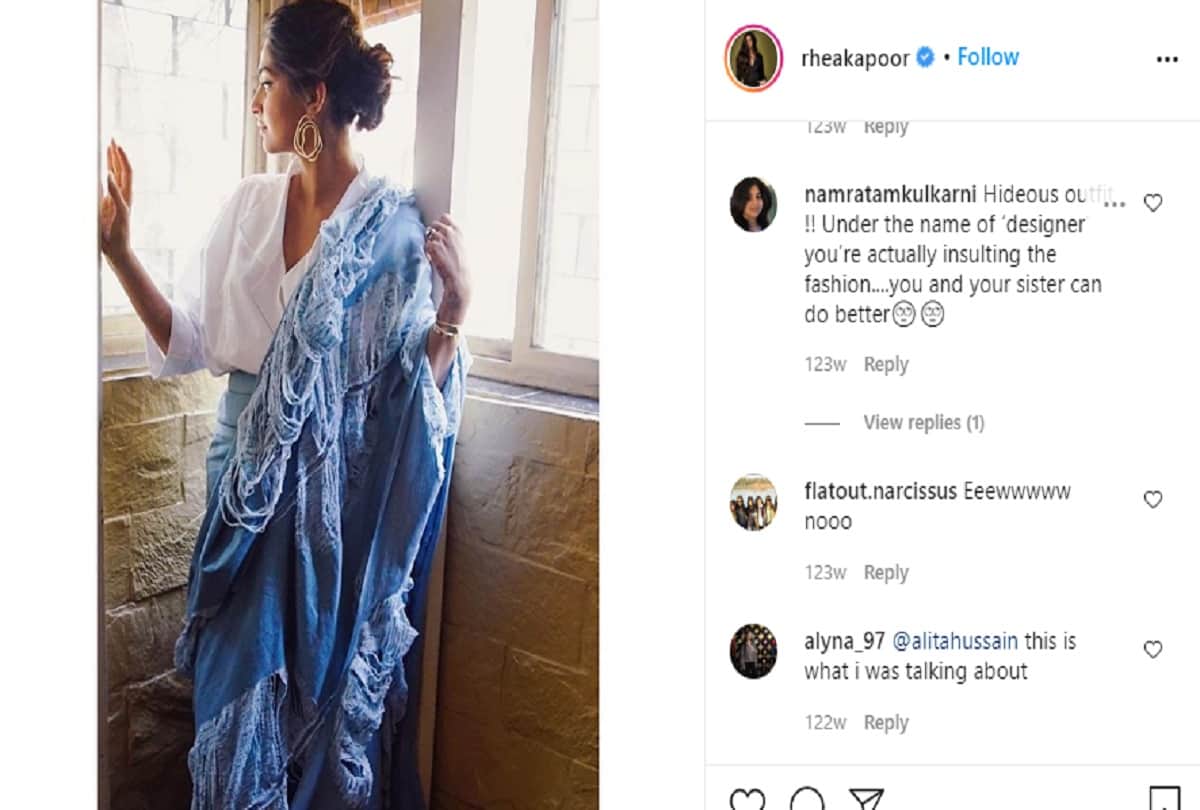 sonam kapoor wear ripped denim saree for film veere di wedding promotion troller gets trolled