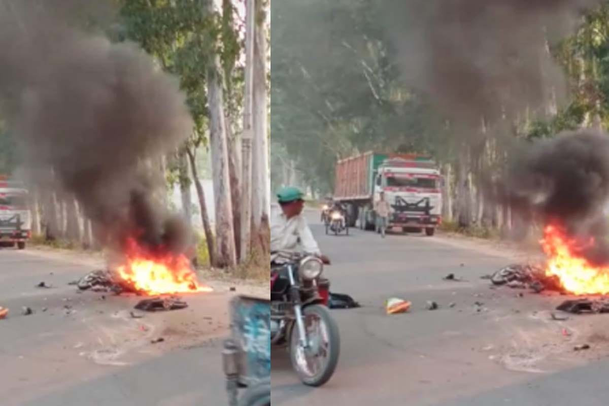 Bijnor: bike burnt after a truck hit the rider, injured