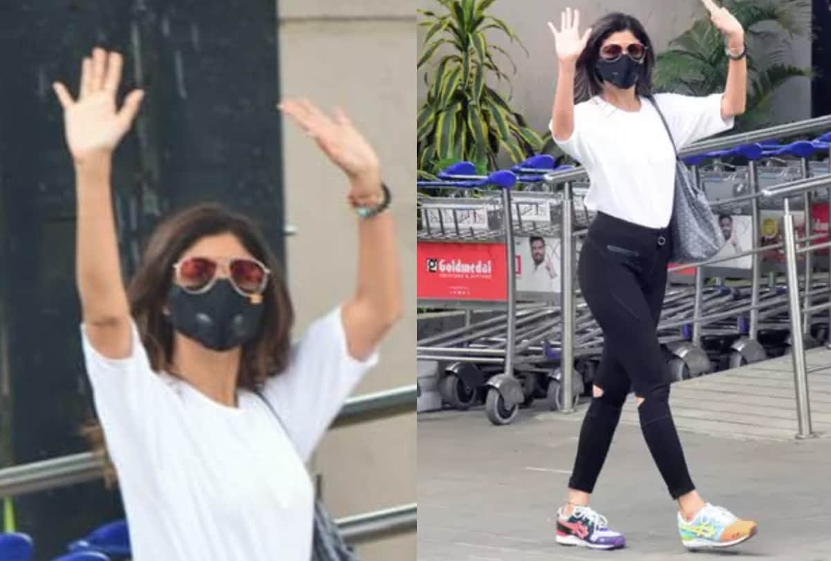 shilpa shetty return after shooting in mismatched shoes and ripped black jeans